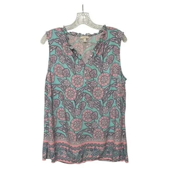 Talbots Large Ruffle Neck 1/4 Button Down Paisley Floral Printed Tank Top - Picture 2 of 5